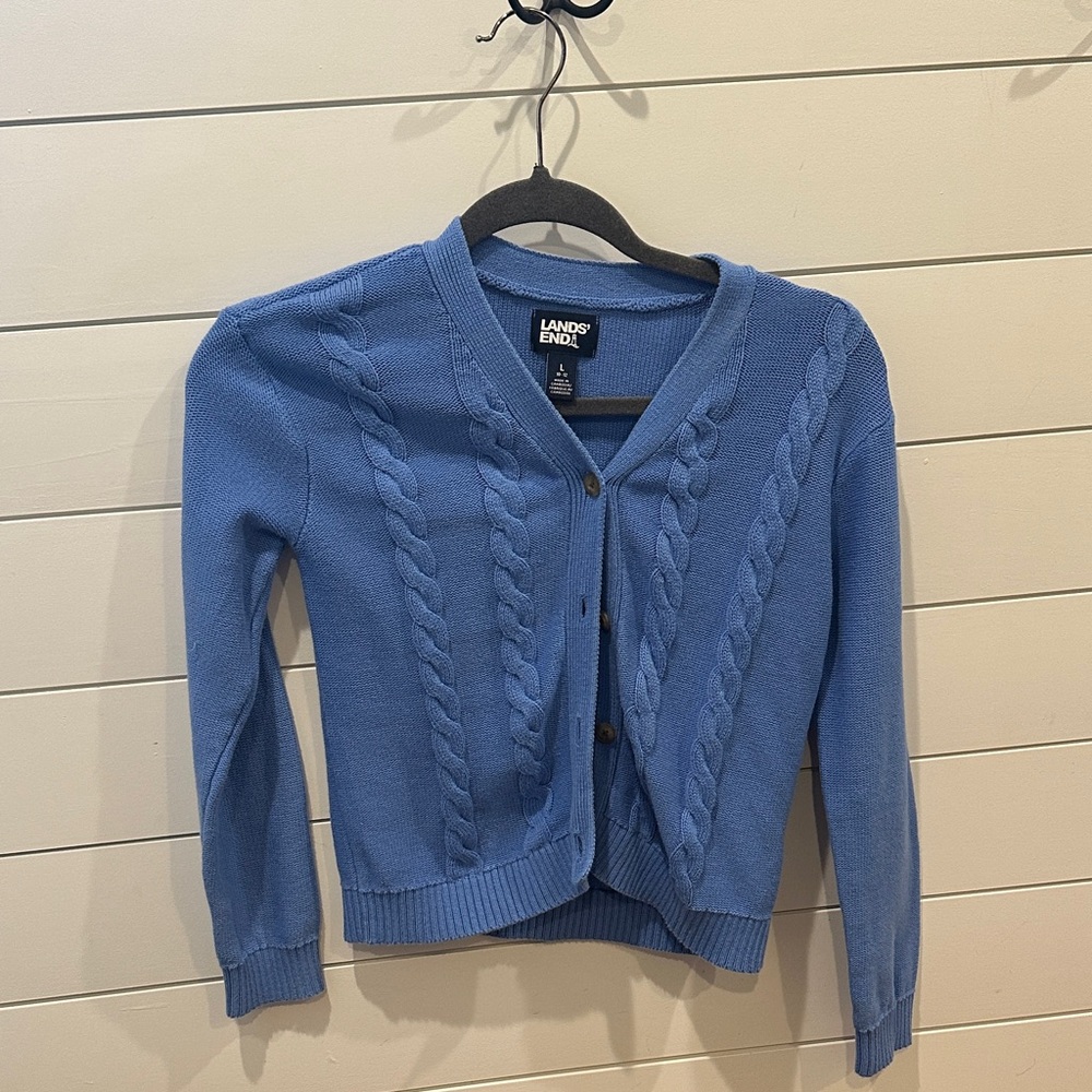 Lands' End Women's Blue Cable Cardigan